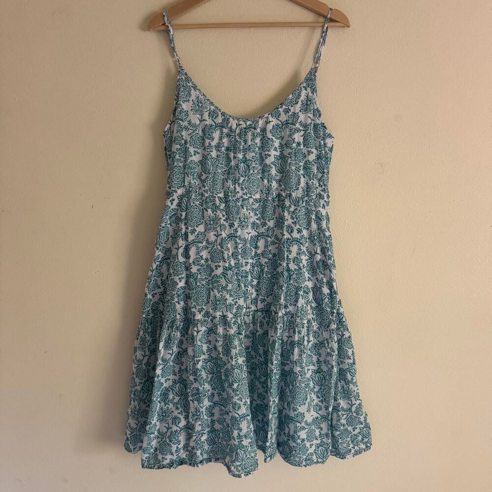 Roller Rabbit L Teal Floral Cotton Tiered Midi Sundress Block Print Boho